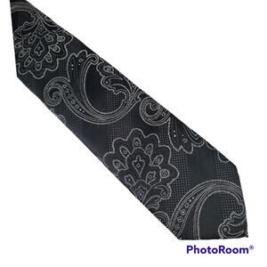 NWT Imani Uomo handmade black silver paisley silk tie and pocket square
